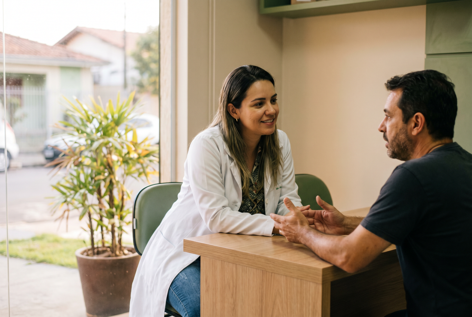 Profissional de saúde em conversa com paciente em clínica